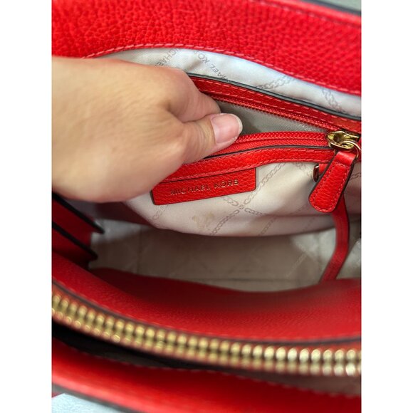 Michael Kors Mercer Red Coral Tan Leather Straw Purse Hand Bag Accordion - Picture 5 of 14